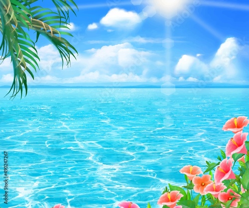 太陽の光差し込む青い空の下、美しい海沿いにヤシの木とハイビスカスの咲く夏のおしゃれフレーム背景素材
