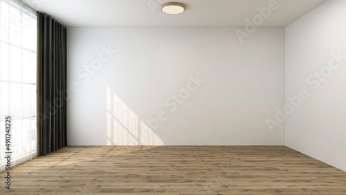 Empty room with white wall, wooden floor, wide panoramic window, gray curtain and ceiling lamp. 3d illustration. 3d rendering