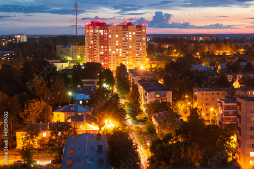 Night Izhevsk city landscape, aerial view from the roof