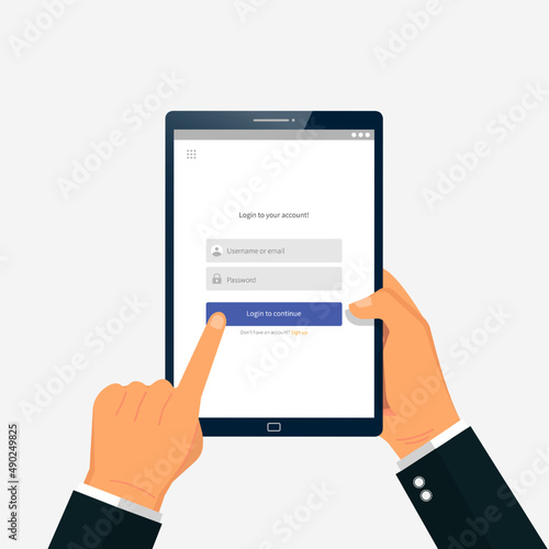 Online registration and sign up, Account authentication concept. man using login interface on tablet screen.
