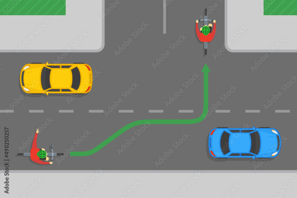 Traffic regulation rules and tips. Safety bicycle driving. How to turn