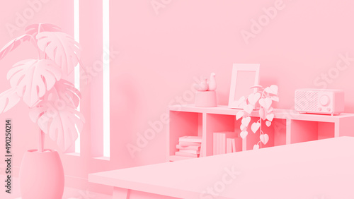 3Dイラストレーションで構成されたピンク色のリビングルームのイメージ。 © toyotoyo