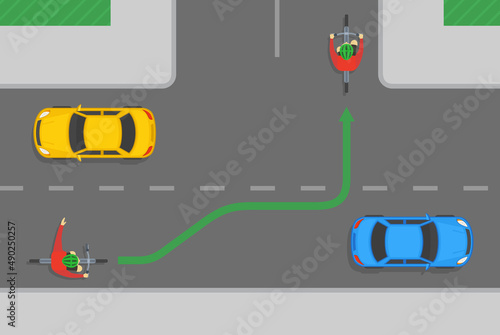 Traffic regulation rules and tips. Safety bicycle driving. How to turn left on T-junction road. Cyclist showing left turn gesture or signal with his hand. Flat vector illustration template. 