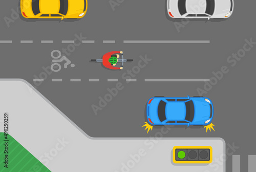 Traffic regulation rules and tips. Safety bicycle driving. Blue sedan car is about to turn right in a right turn lane on crossroad. Flat vector illustration template. 