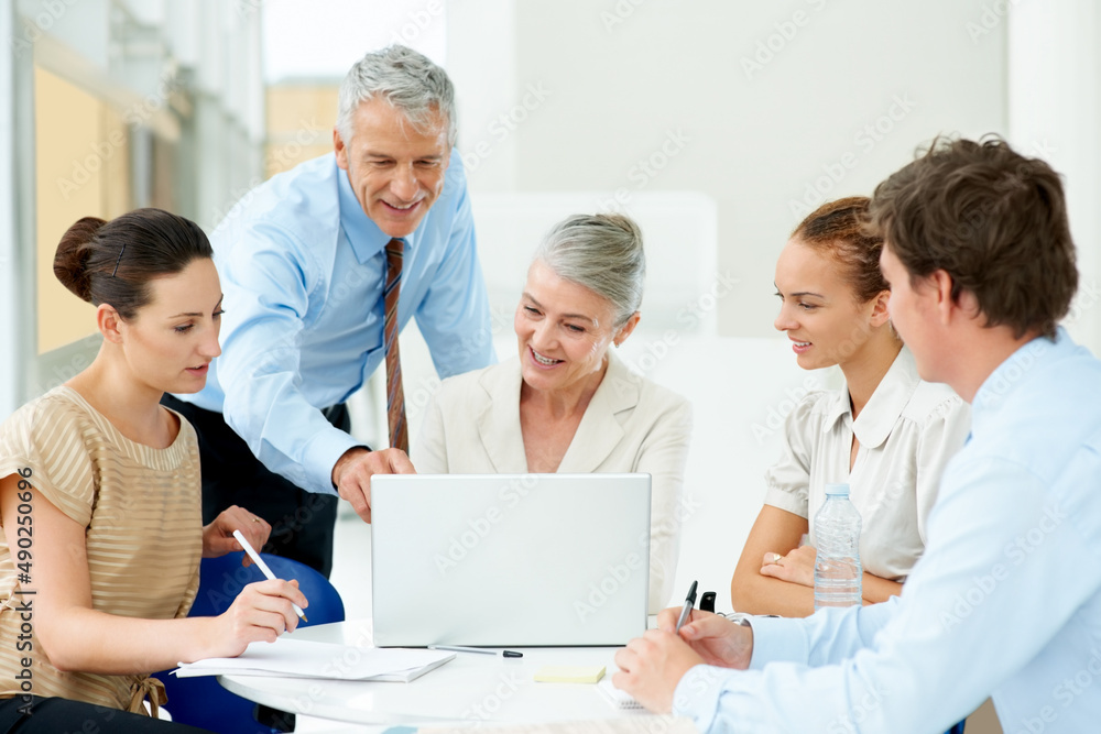 Senior business manager discussing new project with team. Portrait of senior business manager discussing new project at office on laptop. Senior business manager discussing new project with team. Portrait of senior business manager discussing new project at office on laptop.