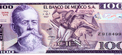 Venustiano Carranza president of Mexico - .Carranza became the first president of the new Mexican republic. Portrait from Mexico 100 Pesos 1982 Banknotes. photo