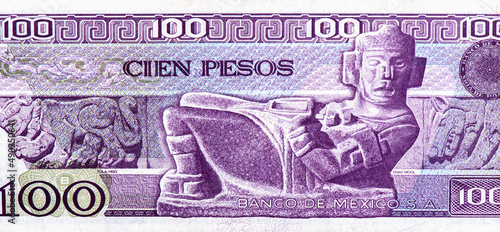 Chac Mool statue, Portrait from Mexico.100 Pesos 1982 Banknotes. photo
