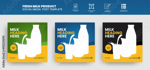 Fresh Product social media post banner template or milk sale square flyer and web banner bundle template, milk sale Instagram post template