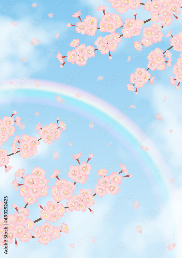 桜と青空にかかる虹で希望を感じるベクター素材