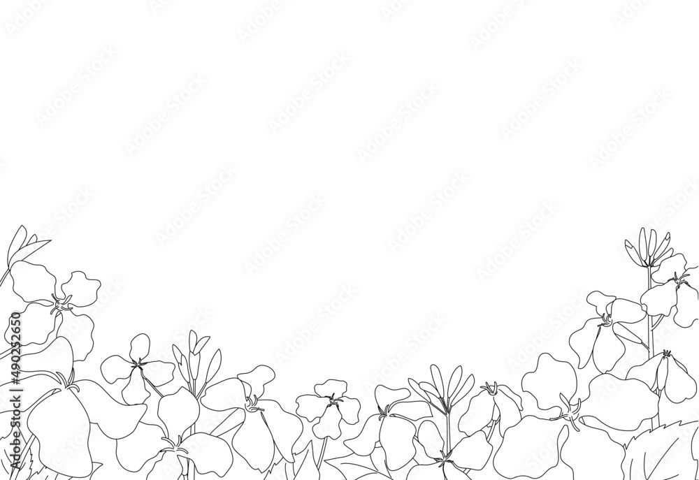 春の草花が咲いている白黒風景線画イラスト はがきサイズ横型 Stock Vector Adobe Stock