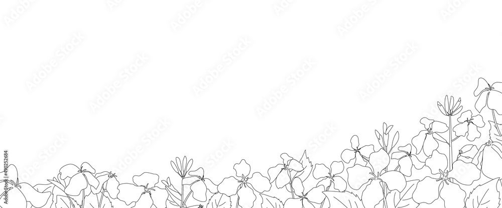 春の草花が咲いている白黒風景線画イラスト 横長のバナーデザイン Stock Vector Adobe Stock