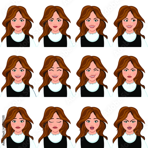 Redhead girl with different facial expressions. Set of human emotions. Vector illustration.