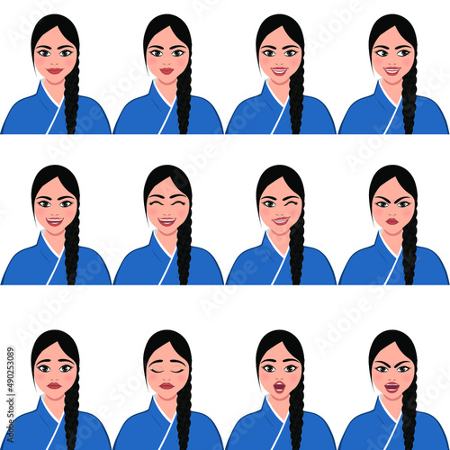 Beautiful brunette woman with twelve different facial expressions. Vector illustration
