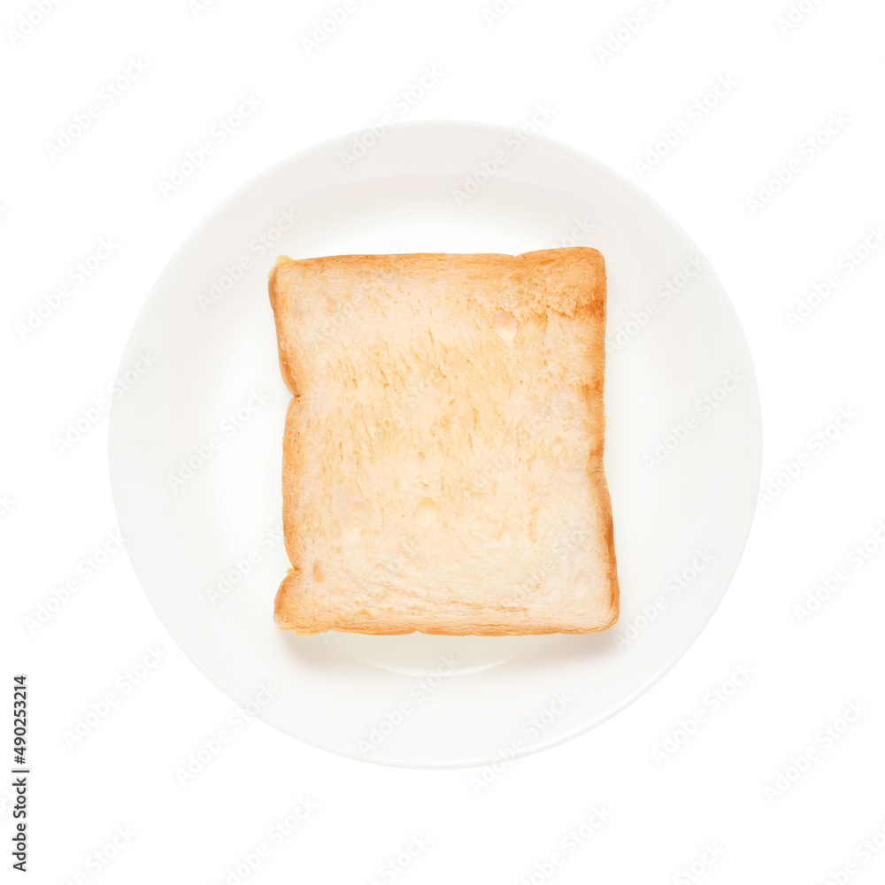 Slices toast bread in dish on white background