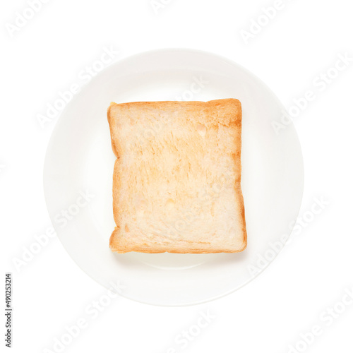 Slices toast bread in dish on white background