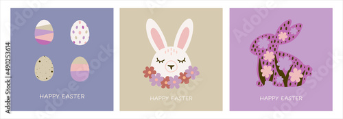 Happy Easter. A set of vector Easter illustrations. Easter eggs, rabbit. Perfect for a poster, cover, or postcard.