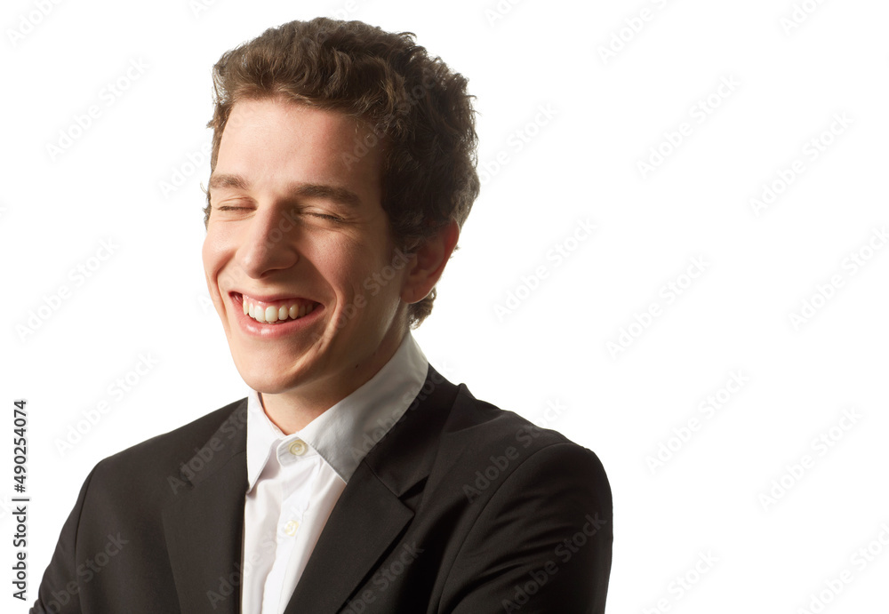 Sincere smile. A young man wearing a buttoned up shirt and jacket laughing as he stands against a white background. Sincere smile. A young man wearing a buttoned up shirt and jacket laughing as he stands against a white background.
