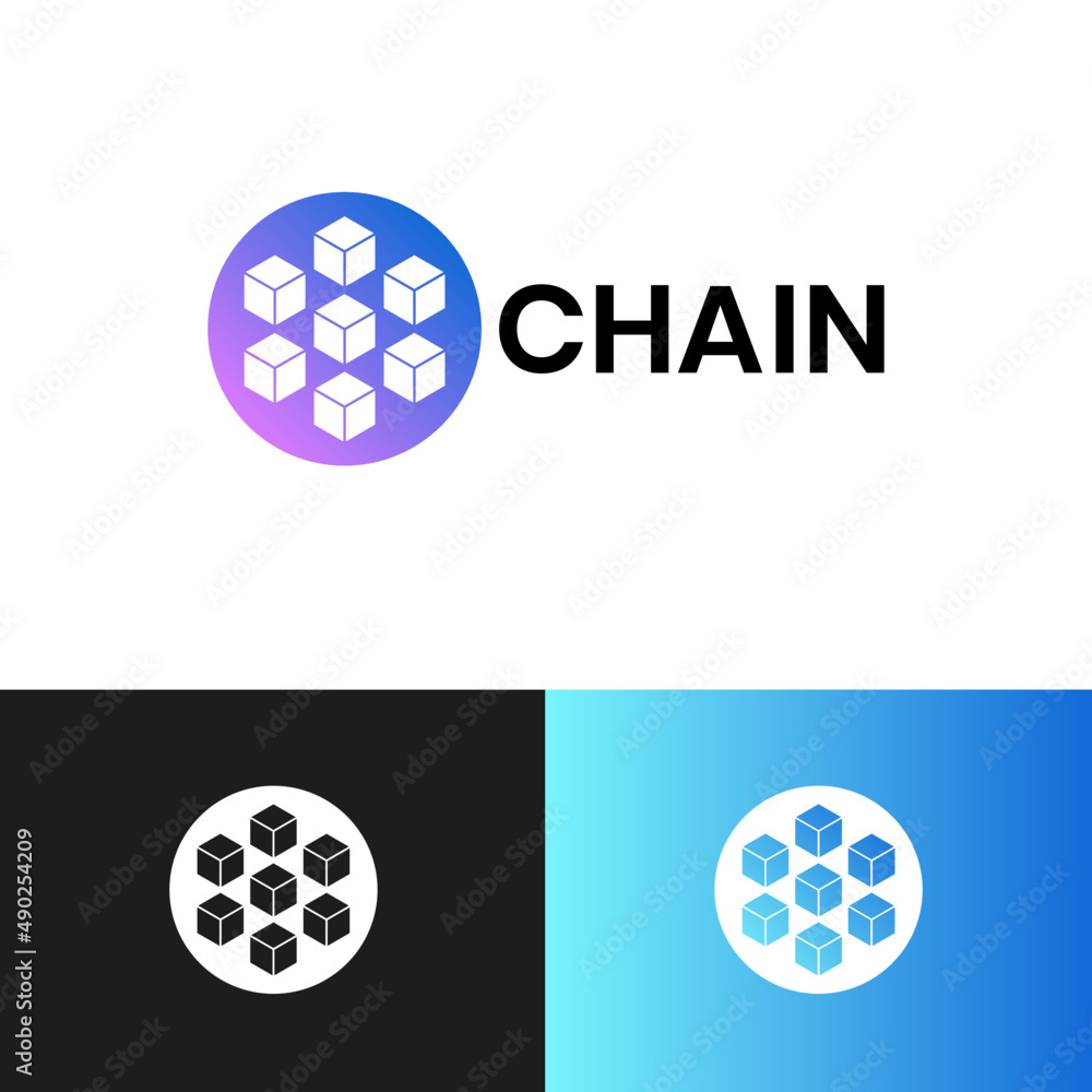Blockchain tech logo design concept. Cyber company brand logomark illustration. Can representing metaverse, polygonal, system, connect.