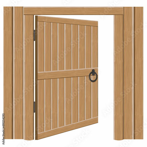 Old wooden massive open gates, vector illustration. Single door with iron handles and hinges