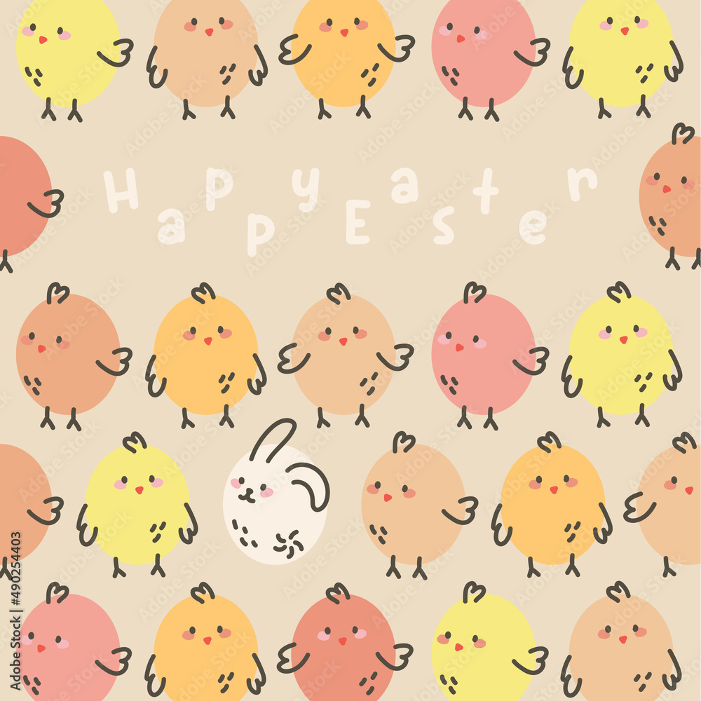 Happy Easter card with chikens and rabbit. cute and simple pattern. Hunting. Shapes and lines. Happy Easter card with chikens and rabbit. cute and simple pattern. Hunting. Shapes and lines.