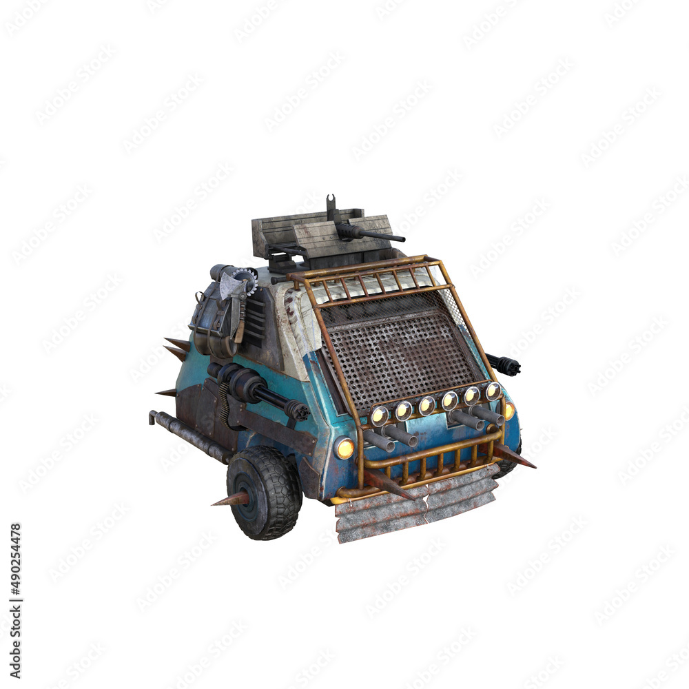 Apocalyptic car with weapon and equipment. 3d rendering - 3d illustration. Apocalyptic car with weapon and equipment. 3d rendering - 3d illustration.