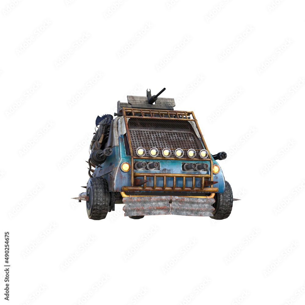 Apocalyptic car with weapon and equipment. 3d rendering - 3d illustration. Apocalyptic car with weapon and equipment. 3d rendering - 3d illustration.