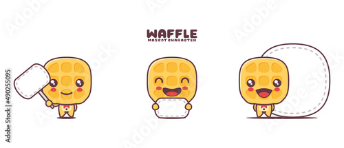 waffle cartoon mascot, with blank board banner