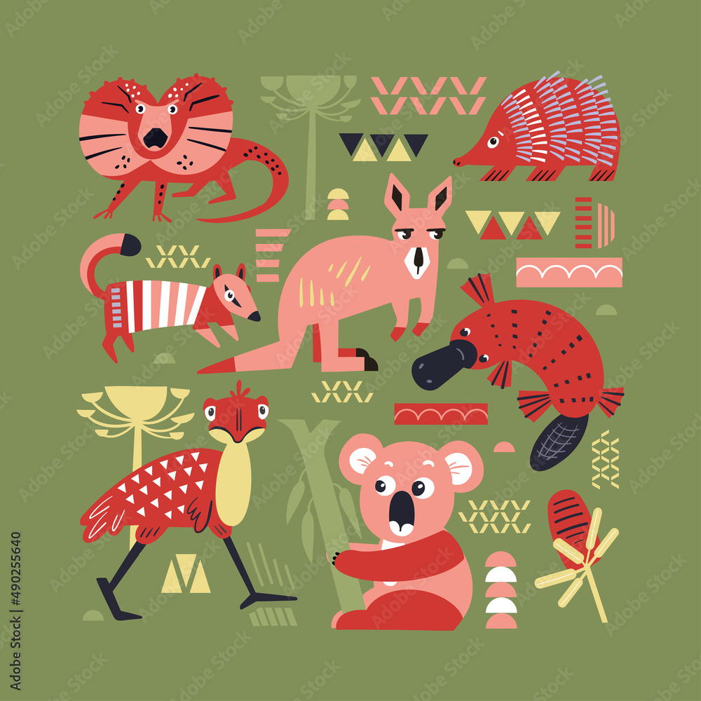 Set of cute animals and plants of Australia. Decorative handmade poster