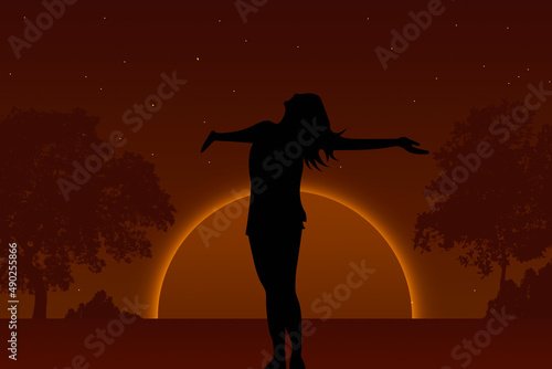 silhouette of a woman, the forest in the mountains