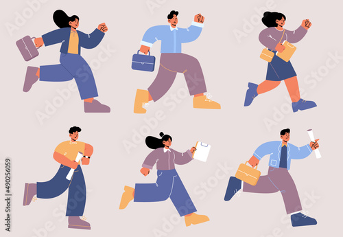 Business people run, late in office, anxious men and women hurry at work due to oversleep or traffic jam. Characters with bags and documents in hand, stress work situation Line art vector illustration