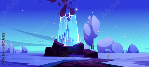 Magic portal with fairytale castle in blue glow. Vector cartoon fantasy illustration, game background of winter landscape with snow, trees, road and fantastic portal with royal palace inside