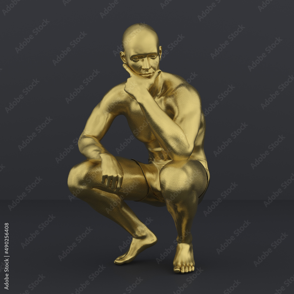 3D Render : Portrait of golden texture male character acting, posing his body with common daily gesture 3D Render : Portrait of golden texture male character acting, posing his body with common daily gesture