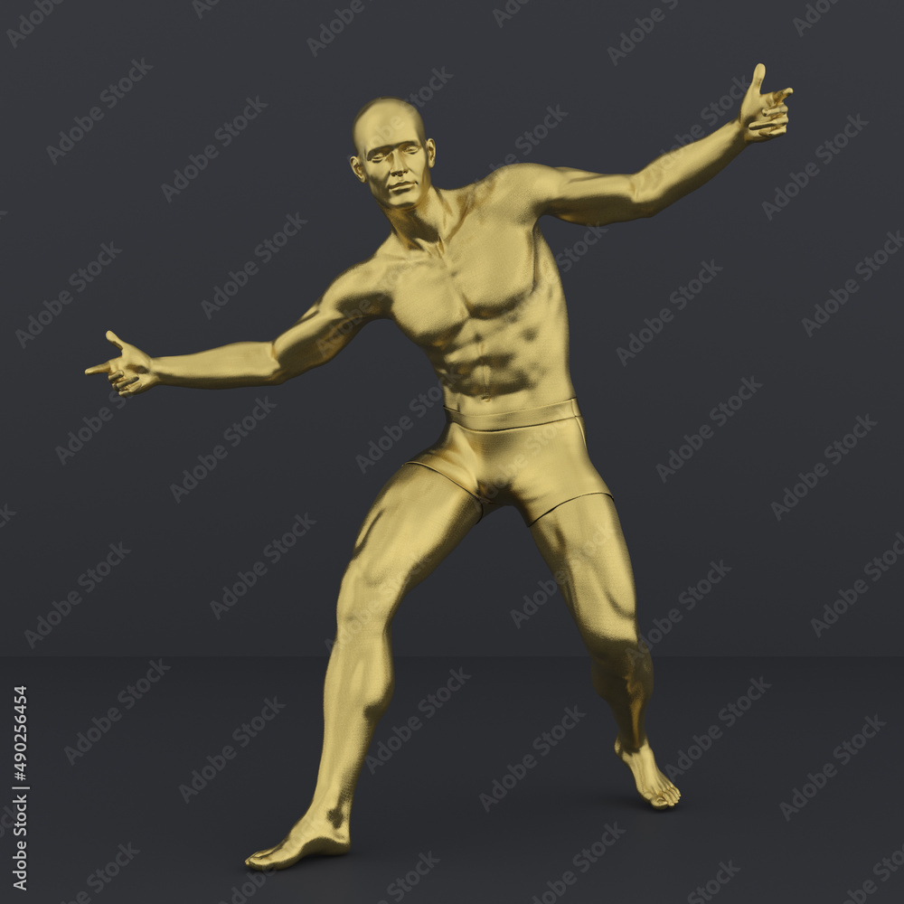 3D Render : Portrait of golden texture male character acting, posing his body with common daily gesture 3D Render : Portrait of golden texture male character acting, posing his body with common daily gesture