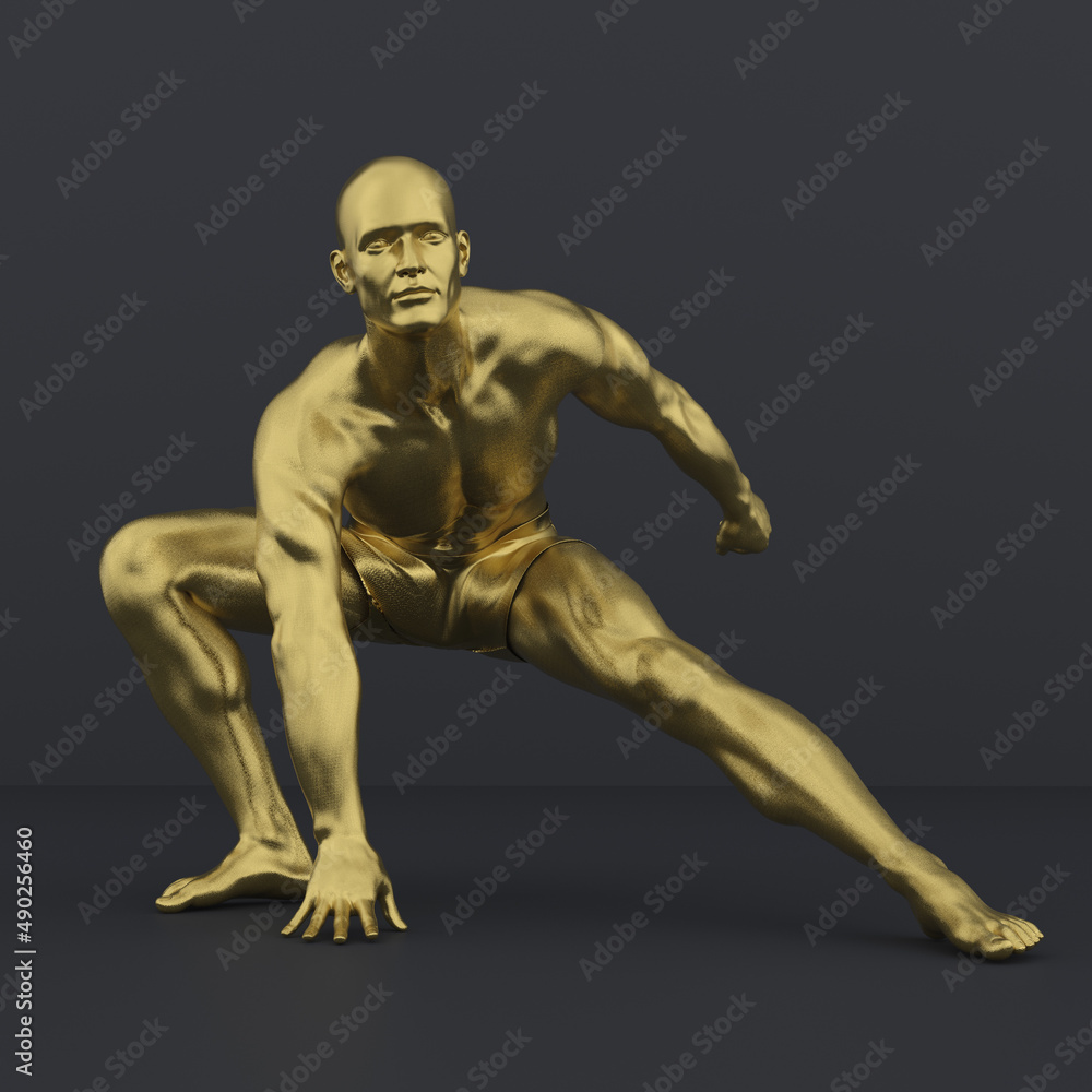 3D Render : Portrait of golden texture male character acting, posing his body with common daily gesture 3D Render : Portrait of golden texture male character acting, posing his body with common daily gesture