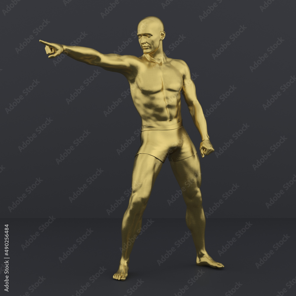 3D Render : Portrait of golden texture male character acting, posing his body with common daily gesture