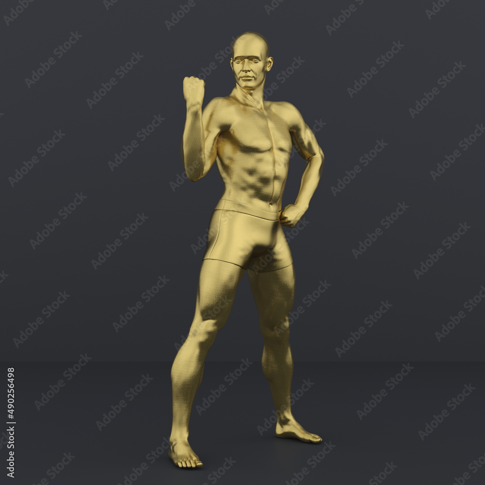 3D Render : Portrait of golden texture male character acting, posing his body with common daily gesture
