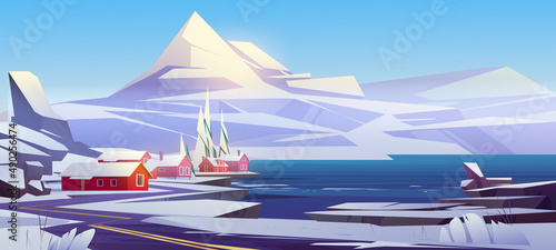Nordic landscape with white mountains, car road and village on lake shore. Vector cartoon illustration of scandinavian nature scene with snowy rocks, fir trees, river and red houses
