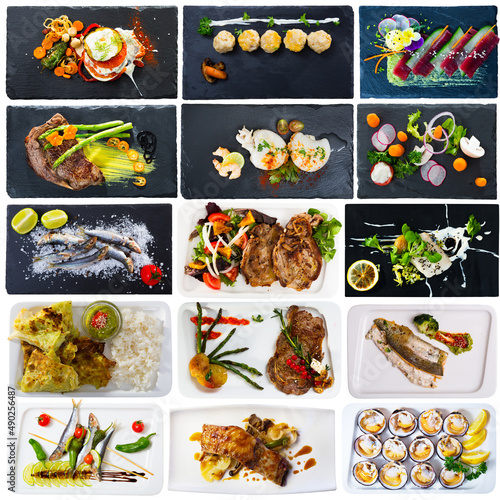 Fototapeta Naklejka Na Ścianę i Meble -  Collage of meals from different cuisines on rectangular plates isolated on white background