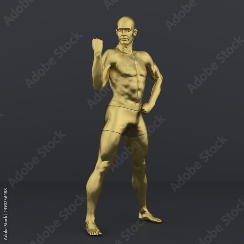 3D Render : Portrait of golden texture male character acting, posing his body with common daily gesture