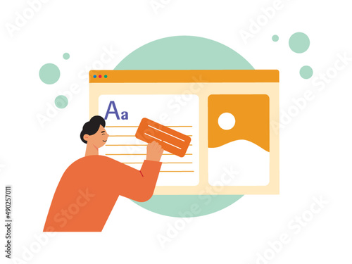 Man give speech bubble on browser writing list design. Mobile application image gallery web button. Ai vector illustration	