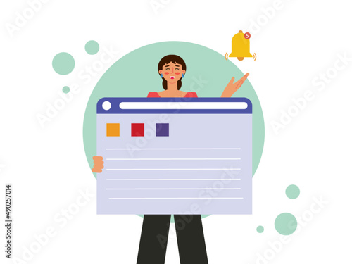 Female holding business report. She gets the message notification. Ai vector illustration	