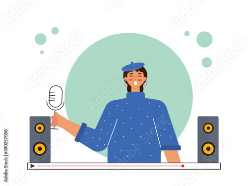 A woman holding a mic between the sound system. Ai vector illustration	