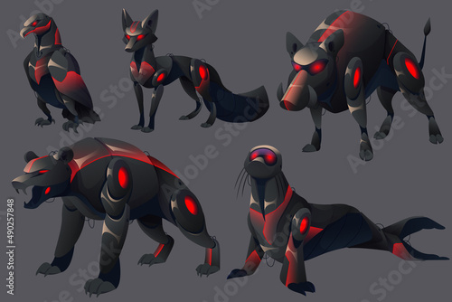 Evil mechanical animals, bear, seal, boar, fox and eagle robots. Vector cartoon set of futuristic angry pets cyborgs, black mechanic grizzly, warthog and bird isolated on gray background