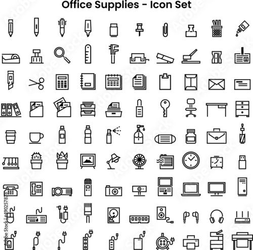 Vector icon set of office supplies 90 items