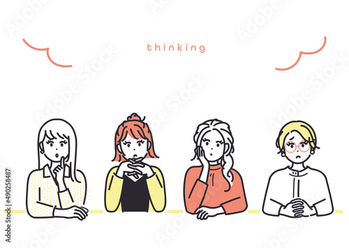 考えながら意見交換をする若い女性のイメージイラスト