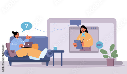 Online therapy session with psychologist. Concept of virtual professional mental health care. Vector flat illustration of psychotherapist counseling anxiety woman by video call.