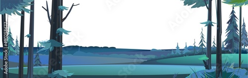 Night landscape with coniferous trees. Illustration in cartoon style flat design Isolated on white background. Vector