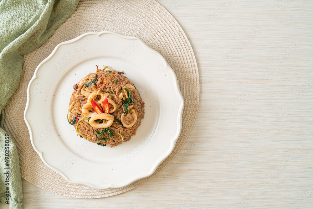 fried rice with squid and basil in Thai style