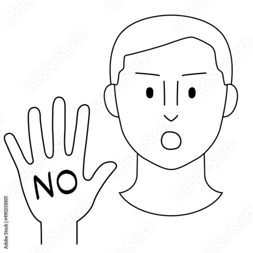 片手を前に突き出し「NO」の意思表示をする人のイラスト（白背景・ベクター・切り抜き）