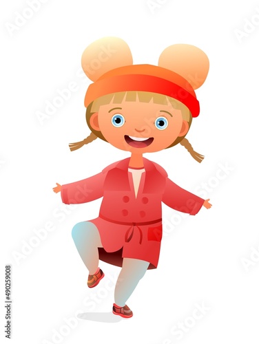 Little girl preschooler. Person in autumn clothes. In coat and hat with bells. Cute child. Cheerful funny kid. Baby joy. Cartoon style illustration. Flat design. Isolated on white background. Vector